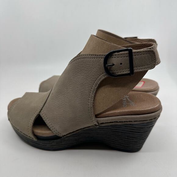 Dansko Vanda Platform Wedge Taupe Nubuck Leather Peep Toe WMNS 6 Slingback Beige - Picture 4 of 9
